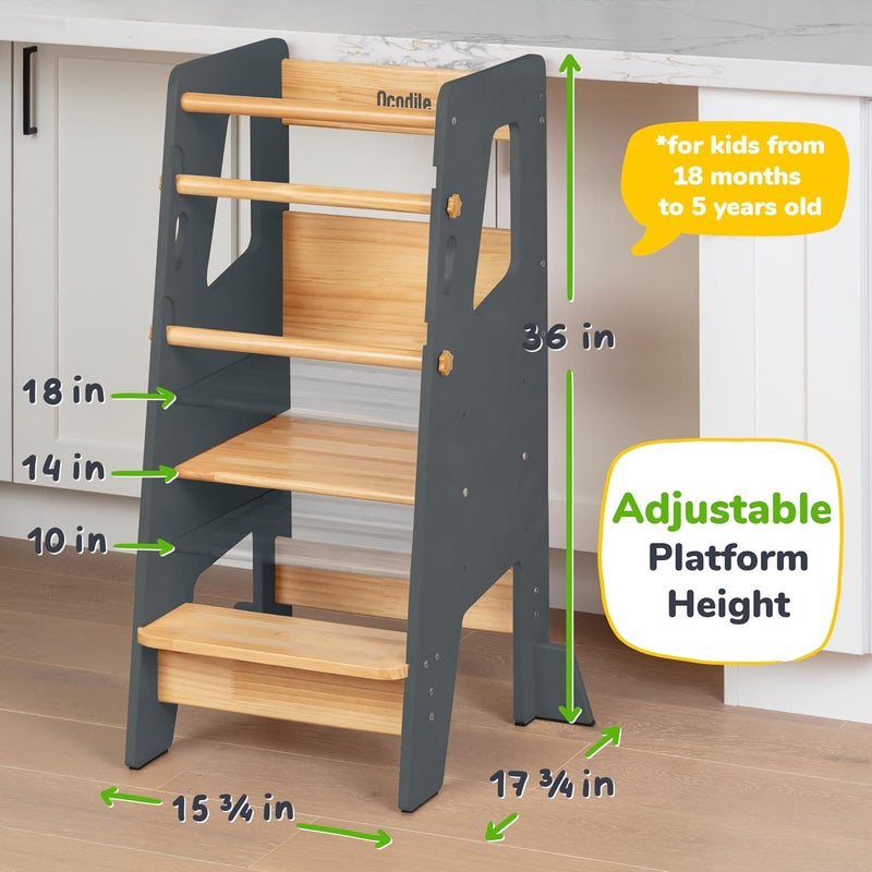 Ocodile Toddler Standing Tower - Adjustable Height Toddler Kitchen Stool Helper - Ideal Kids Kitchen Step Stool for Learning New Skills - Updated Design with Safety Feet - Gray - Image 4